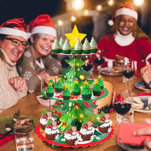 3-Tier Christmas Tree Cupcake Stand ? Santa and Snowman Dessert Display Holder for Holiday Party Table, Winter Celebrations, and Christmas Decorations