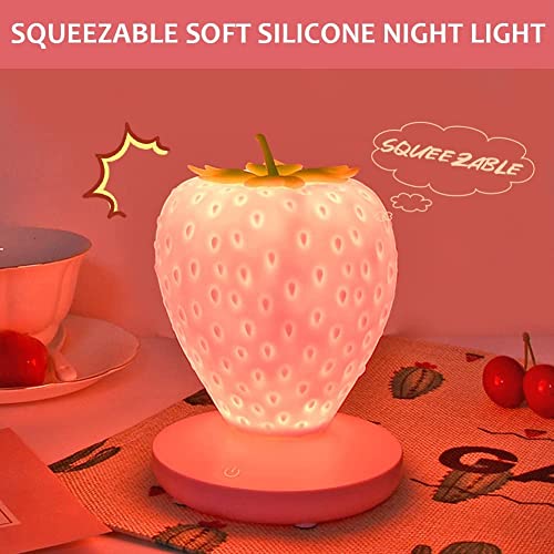 Strawberry Night Light, Cute Silicone Strawberry Lamp, Bedside Color Changing Lamp, LED Cute Night Light, 3 Modes Touch, for Birthday, Christmas (Pink)