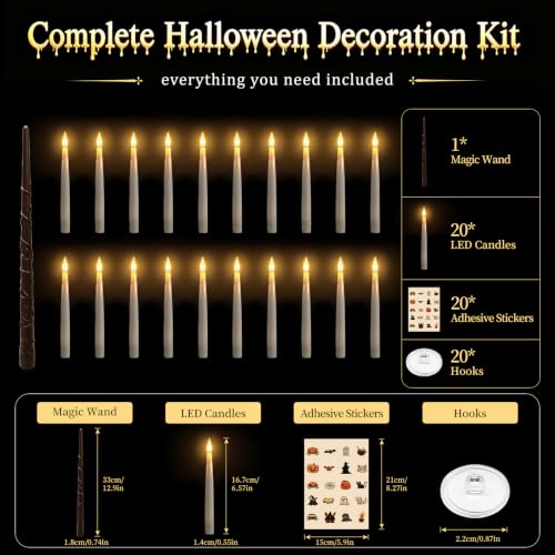 Halloween Floating Candles with Wand - Flickering LED Hanging Set, 20 Pcs