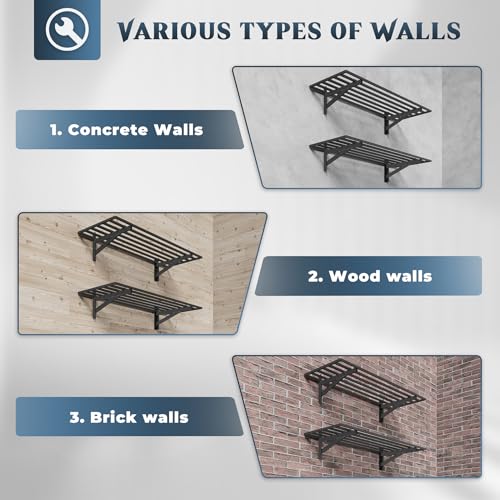 2 Pack Wall Mounted Garage Shelving with 8 Hooks - 1.5x4ft Heavy Duty Steel Storage Racks