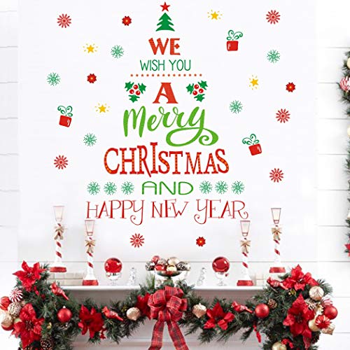 TOARTi Merry Christmas Quotes Wall Decals Happy New Year Quotes Stickers Christmas Tree Snowflake Stickers for Wall Christmas Party Supplies Christmas Window Clings
