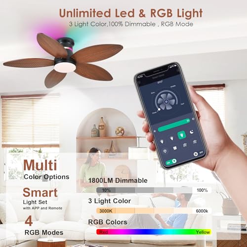 BYKISTOK 46in Tropical Palm Leaf Ceiling Fan with Lights & Remote - Reversible, Dimmable LED, RGB Side Light, Brown Flush Mount