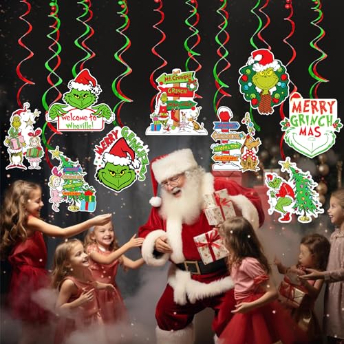 36pcs Marry Grinchmas Hanging Green Monster Streamers Decorations,Hanging Swirls Party Decorations Christmas Ceiling Decorations Christmas Birthday Party Decorations Outdoor Decor