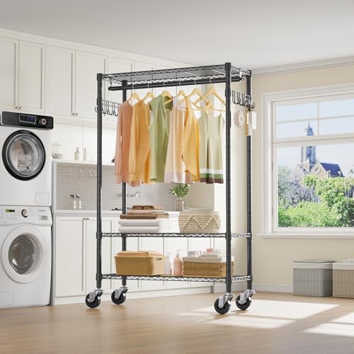 Heavy Duty Portable Clothes Rack with Lockable Wheels - Black, R3 Standard