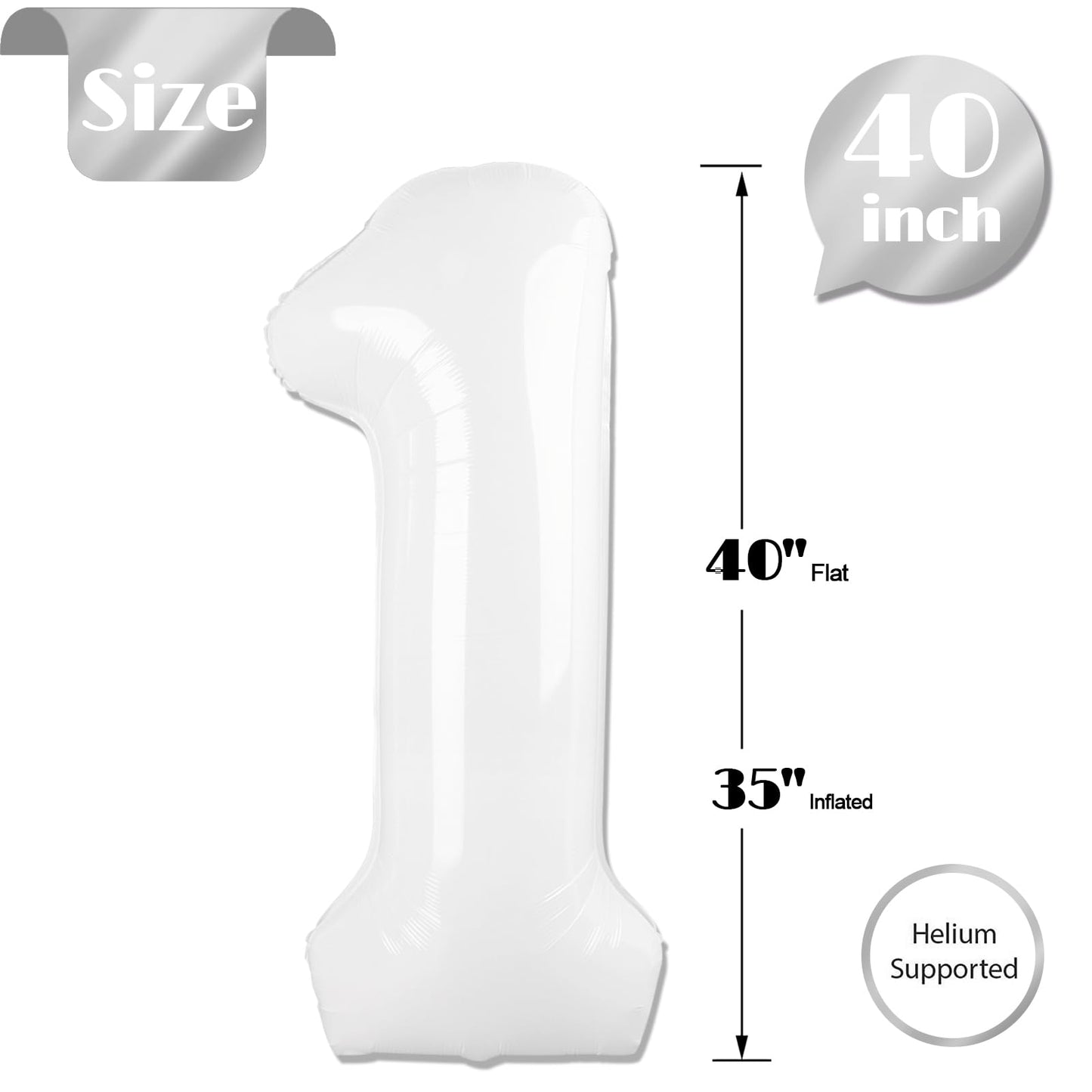 40 Inch White 1 Balloon for First Birthday, Translucent 1st Number Balloons Birthday Decorations for Girl Boy Kids Toddler Baby, One Giant Number 1 Balloon