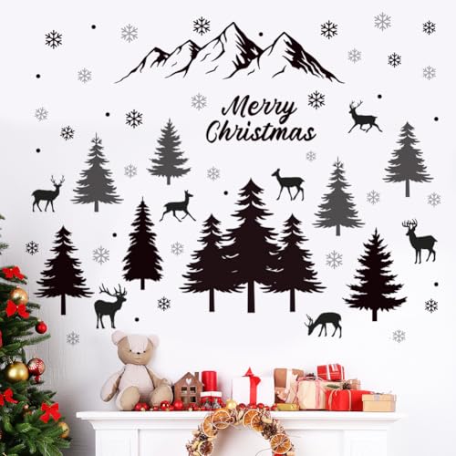 3 Sheets Black Pine Tree Deer Wall Sticker Removable Snowflake Merry Christmas Wall Decal Winter Mountain Woodland Nursery Wall Stickers for Xmas Party Supplies