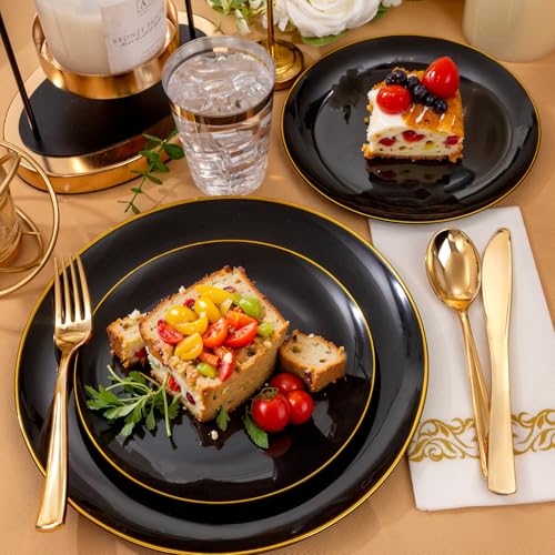 Black and Gold Plastic Dinnerware Set for 50 Guests - Heavy Duty Party Plates and Utensils