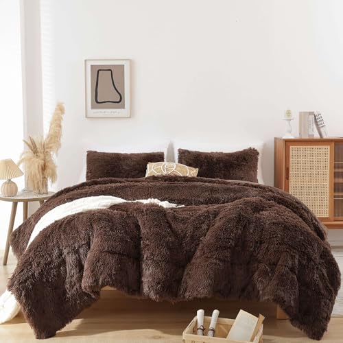 King Size Faux Fur Comforter Set - Coffee Brown, 3 Pieces, Plush & All-Season