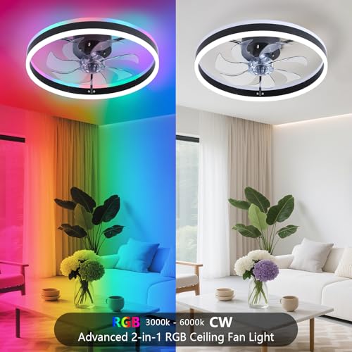 RGB Ceiling Fan with Light - Black Low Profile Flush Mount, Remote & App Control
