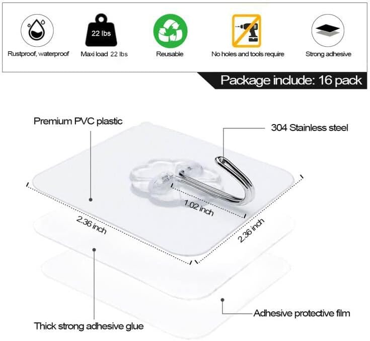 ZESLMG Heavy-Duty Adhesive Wall Hooks - 16 Pack Clear Self-Sticky Hooks for Towel, Key, and Coat
