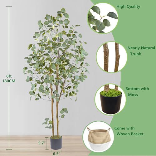 Eucalyptus Artificial Tree 6ft Tall with Basket - Faux Plants for Indoor & Outdoor Decor