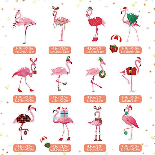 Blulu Christmas Flamingo Ornaments - Wooden Pink Hanging Decor, Set of 12, Flamingo Style