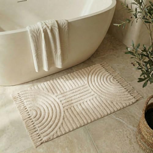 Cream Cotton Boho Bathroom Rug 2x3 ft with Tassels - KIBAGA