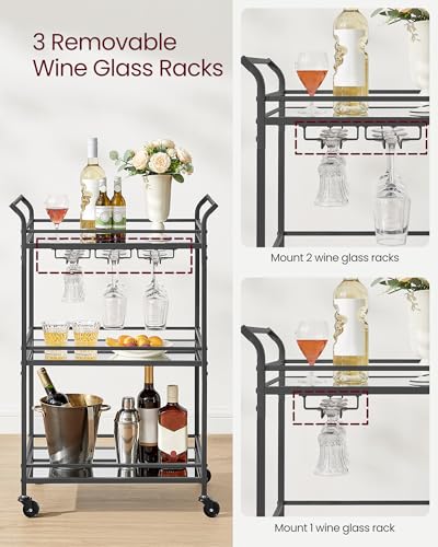VASAGLE Black 3-Tier Bar Cart with Mirrored Glass Shelves, Portable & Sturdy