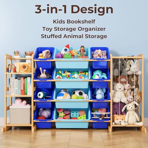 Kids Toy Storage Organizer with Bookshelf & 12 Bins - Blue, 55.2" Wide, 3 Shelves & Toddler Playroom Storage