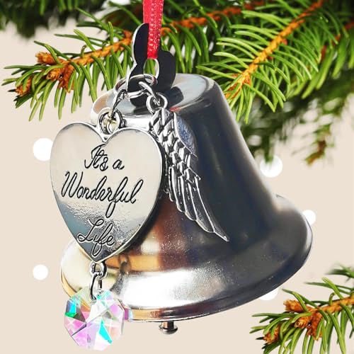 It's a Wonderful Life Christmas Bell Ornament, Stainless Steel Christmas Ornaments for Christmas Tree Wedding Anniversary Decoration Pendants with Angel Wings and Crystal Charm
