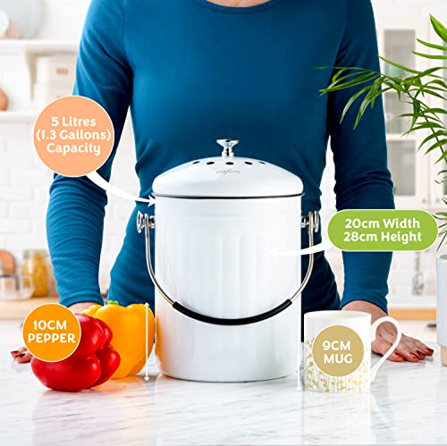 White RED FACTOR Premium Compost Bin for Kitchen Countertop 1.3 Gallon Stainless Steel