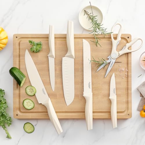 White Stem Wooden Seat 8-Piece Knife Set with Block & Built-in Sharpener