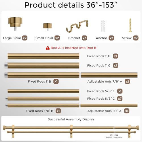 Warm Gold Double Curtain Rod Set - 36-153 Inch Heavy Duty Brass & Metal
