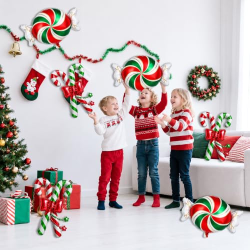 OIWLCI 6pcs Christmas Candy Balloons Kit – Candy & Candy Cane Foil Balloons with Ribbons