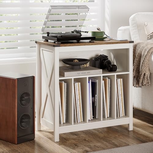 ChooChoo Antique White Large Record Player Stand with Charging Station & LED Light
