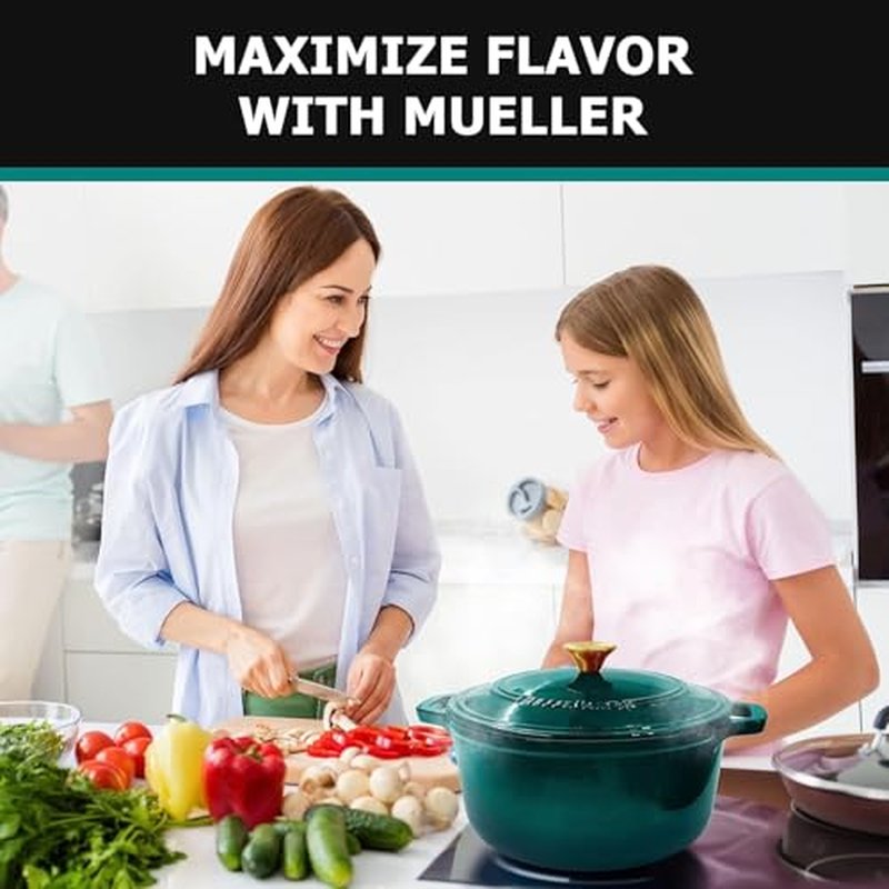 MUELLER HOME 5.5 Quart Enameled Cast Iron Oval Dutch Oven with Rooster Knob & Cotton Potholders, Heavy-Duty Cookware, Oven-Safe up to 500° F & Across All Cooktops, Gifts for Grandma & Women, White