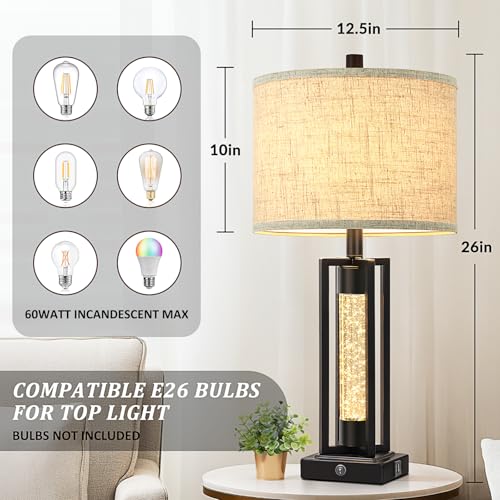 Set of 2 Farmhouse Table Lamps with Crystal Night Light, Black, 26 Inches - Includes USB Charging Ports