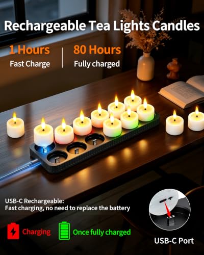 White 12 Pack Rechargeable LED Tea Lights Candles with Charging Base & Remote