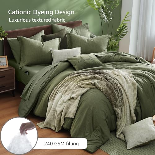 Monbix Olive Green Queen Comforter Set 7 Piece Bed in a Bag - Soft Cozy Bedding