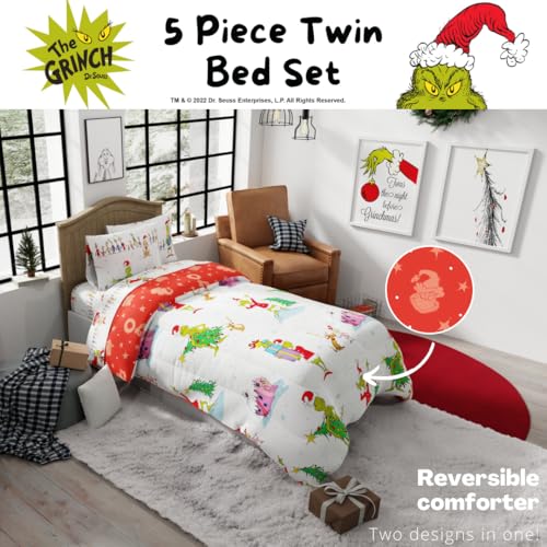Franco Grinch Holiday Twin Bedding Set with Reversible Comforter, Sheets & Shams - White & Red