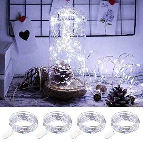 ANJAYLIA 4 Pack Fairy Lights, 10ft 30 LED String Lights Battery Operated Waterproof Cool White Moon Lights on Silver Wire Firefly Lights for DIY, Home Decor, Party