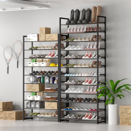Black 12-Tier Metal Shoe Rack Organizer for Closet, Entryway, Garage - Adjustable Shelves, Tall Shoe Storage Solution