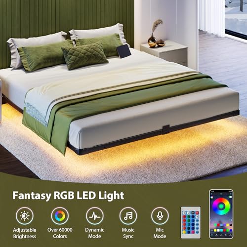 Black Queen Floating Bed Frame with Smart LED Lights & Charging Station