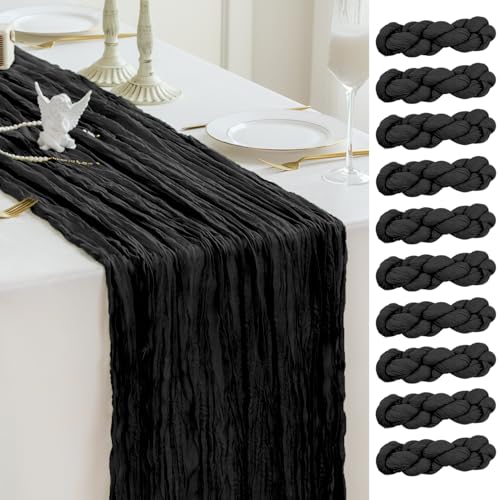 Black Cheesecloth Table Runner 10ft - Boho Rustic Decor, 10pc Set