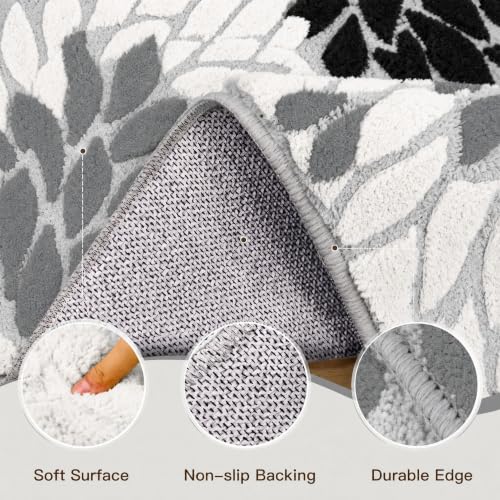 Arenarug 6x9 Grey White Black High-Low Plush Area Rug, Washable Floral Textured Carpet