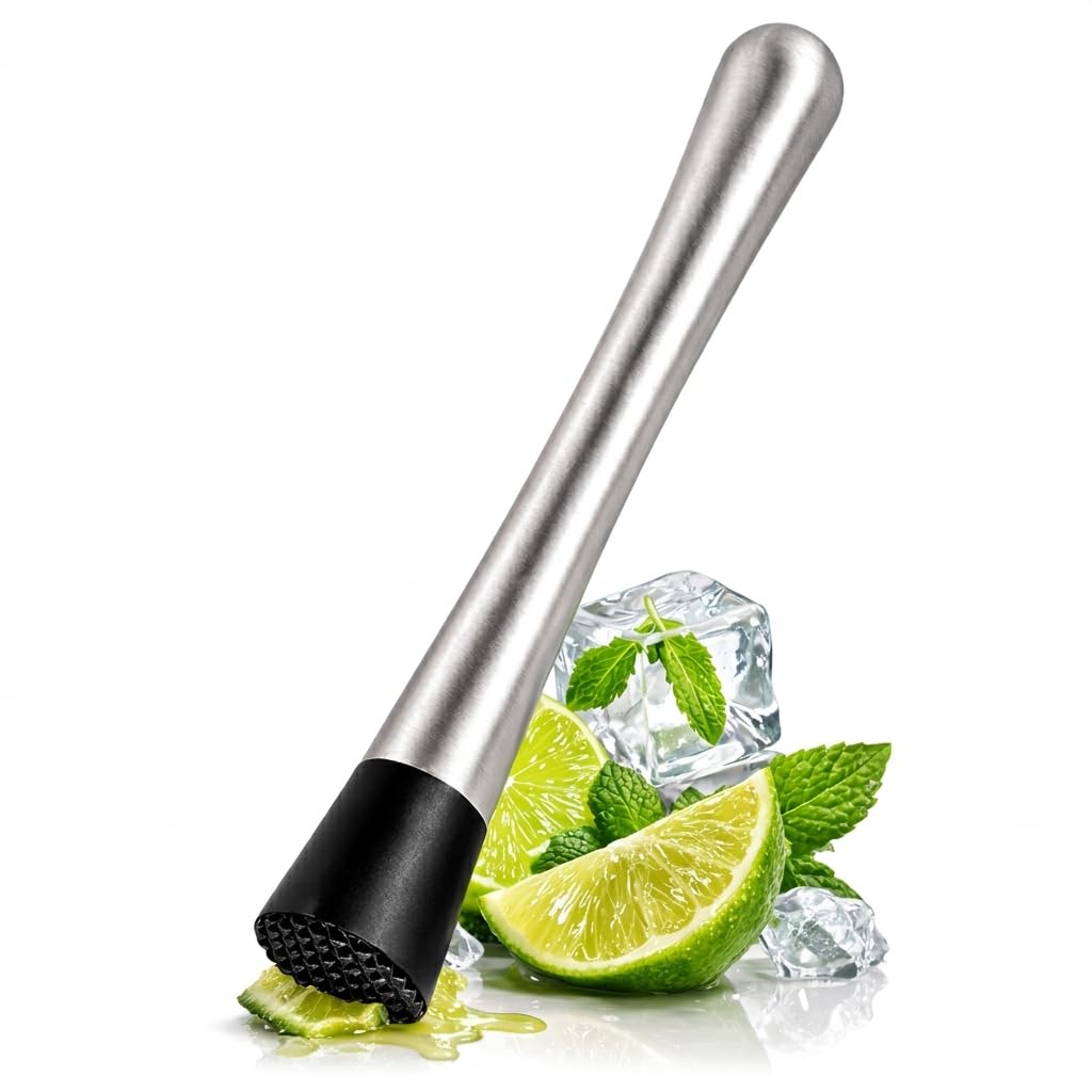 Muddler for Cocktails – 8 Inch Cocktail Muddler Tool with Stainless Steel Handle & Grooved Nylon Head – Fruit Smasher for Drinks, Mojitos, Mint, Lemons, Herbs, Berries – Home Bar & Bartender Essential