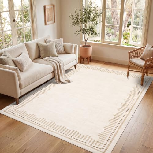 Garvee 5x7 Beige Washable Non-Slip Area Rug with Scalloped Border