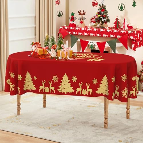 Faptoena Christmas Deer Oval Tablecloth 54x72 Inch Red with Gold Accent