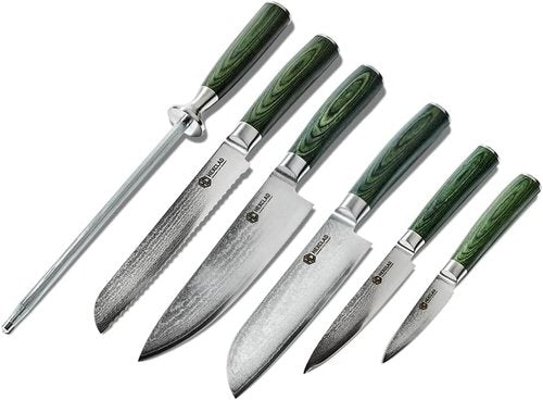 HexClad 6-Piece Essential Knife Set - Japanese Damascus Steel Blades with Pakkawood Handles