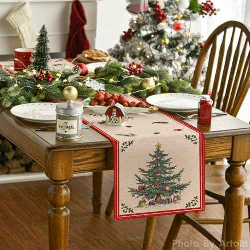 Artoid Mode Xmas Tree Gift 210 GSM Christmas Table Runner, Red Seasonal Winter Kitchen Dining Table Decoration for Home Party Decor 13x72 Inch