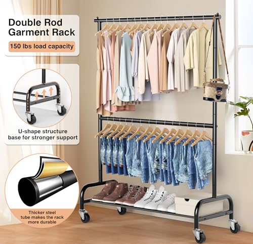 Heavy Duty Clothing Rack with Wheels - Adjustable Double Garment Rack, Black - 77.5" Tall, Supports 150 lbs
