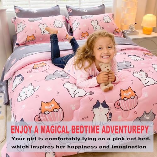 7 Piece Girls Cats Bedding Comforter Set Twin Size for Kids Bed in A