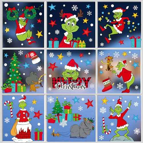 165 PCS Christmas Window Clings for Glass - Double-Sided Static Clings with Snowflakes, Gift Boxes, Stars & Trees, 9 Sheets Holiday Party Decor