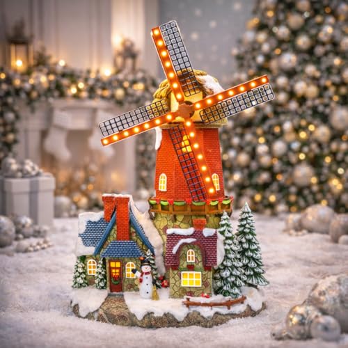 Lighted Windmill Christmas Village Building with LED Lights - 12.2 Inch Handcrafted Holiday Decor