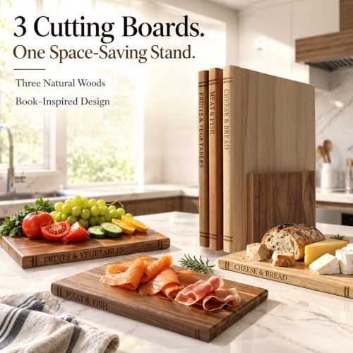 Natural Solid Wood Book-Shaped Cutting Board Set with Stand - Kitchen Organizer