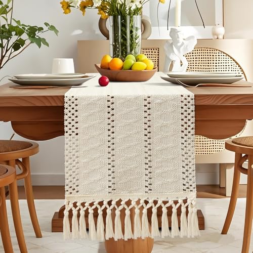 OTOSTAR Ivory Macrame Table Runner 12x108 Inches Boho Farmhouse Decor
