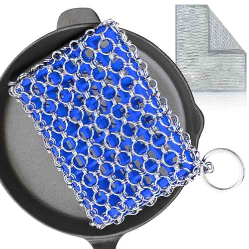 Cast Iron Scrubber with Bamboo Fiber Cloth and Pan Scraper, 316L Cast Iron Cleaner Set ? Removes Stains, Protects Coatings, Safe for Dutch Oven, Skillets, Griddles(Blue)