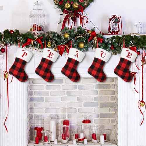 8inches Initial Monogram Christmas Stocking Red Buffalo Plaid Christmas Stocking with Embroidered Letter Personalized Mini Christmas Stocking White Plush Xmas Stocking for Xmas Tree Fireplace Decor(L)