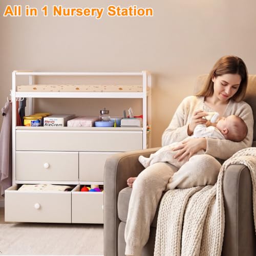 Baby Changing Table Dresser with Safety Bumpers & 4 Drawers - Stable Nursery Furniture