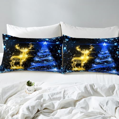 Manfei Christmas Duvet Cover Set Queen Size Gold Reindeer Bedding Set 3pcs for Kids Boys Girls Blue Christmas Tree Comforter Cover Western New Year Theme Quilt Cover with 2 Pillowcases,No Comforter